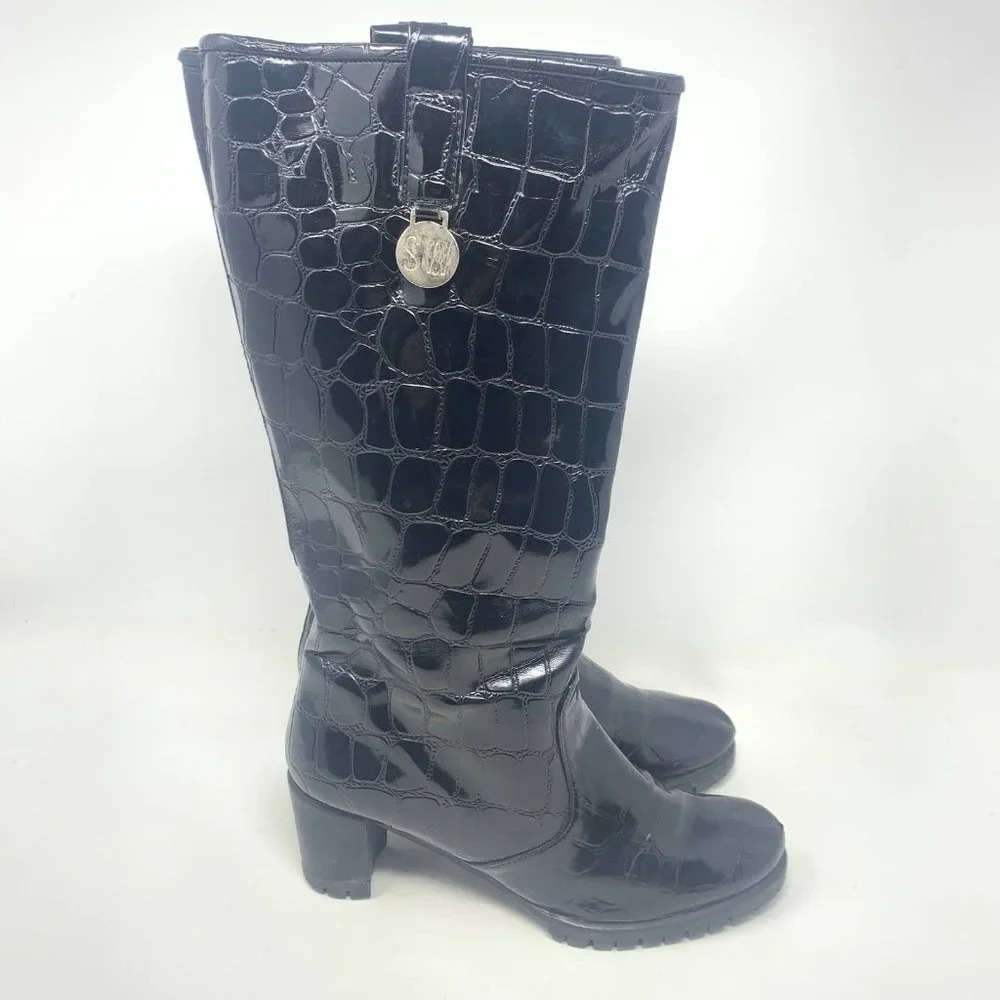 Stuart Weitzman Black Croc Leather Heeled Boots Size US 6 - Picture 4 of 10